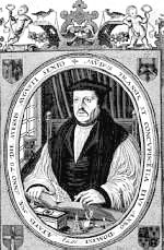 An engraving of Matthew Parker, book in hand.