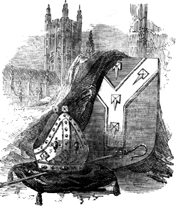 An old engraving of Canterbury Cathedral with the archbishop's coat of arms