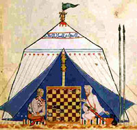 Christian and  Muslim knights playing chess in a tent.