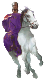 A purple-clad hero on a white horse