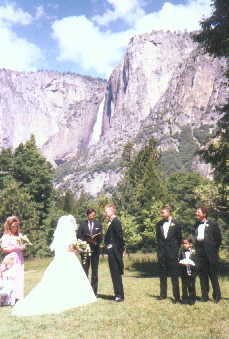 A bridal party standing in a Yosemite meadow