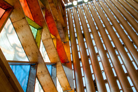 Windows in Cardboard Cathedral (Christchurch, NZ, By Jocelyn Kinghorn (Flickr: Cardbroad, Wood and Glass) [CC BY-SA 2.0 (http://creativecommons.org/licenses/by-sa/2.0)], via Wikimedia Commons)