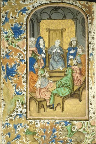 Jesus among the doctors with Mary and Joseph, from the Enkhuisen Book of Hours, 15th century