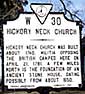 The historic highway marker for Hickory Neck Church in Virginia, USA.